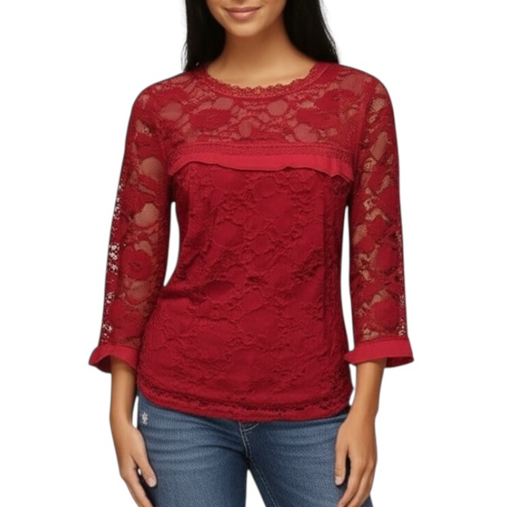 Available by Angela Floral Lace Mesh Ruffle Trim Top Medium Red Preppy Feminine